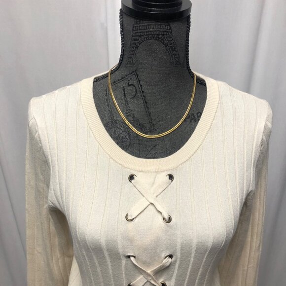 Emaline Sweater Womens Size Petite Large Long Sleeve Laced Front Ribbed Pullover - Picture 2 of 7